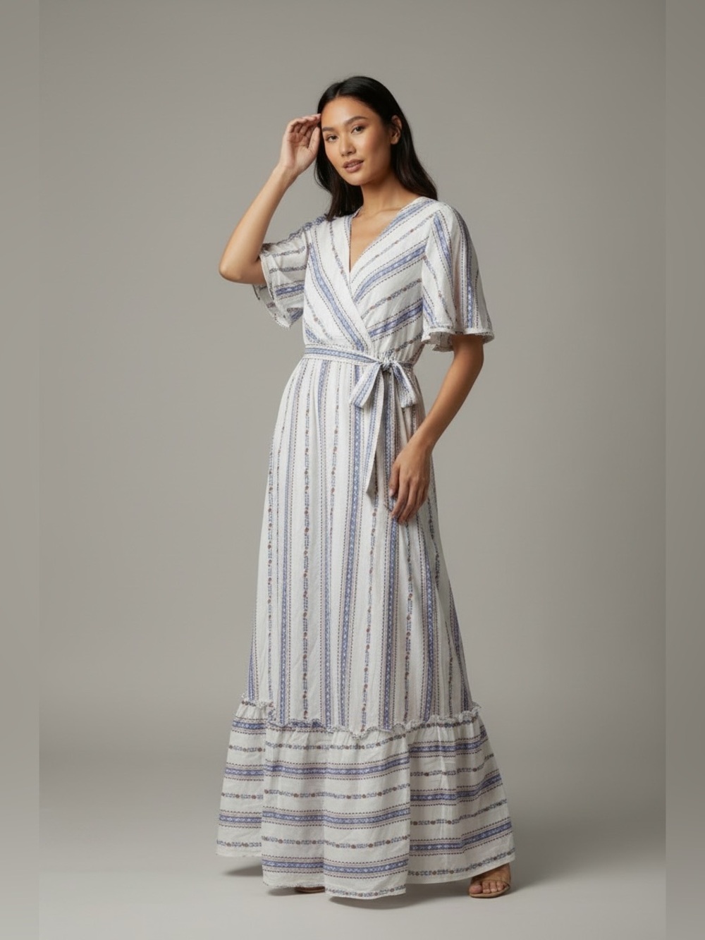 Orange Creek Blue-Striped White Wrap Maxi Dress with Tie Waist Medium